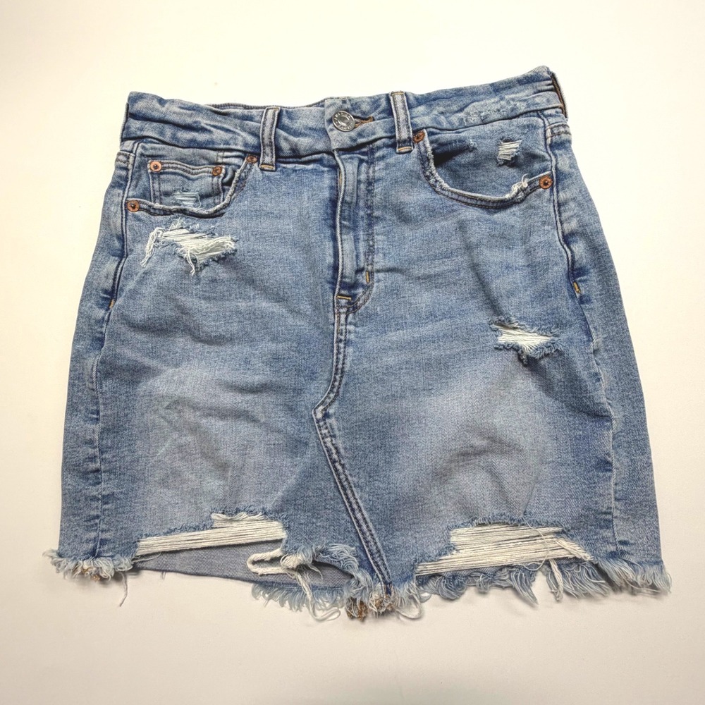 American Eagle Super Stretch Distressed Denim Mini Skirt Womens 6 Rawâ Hem